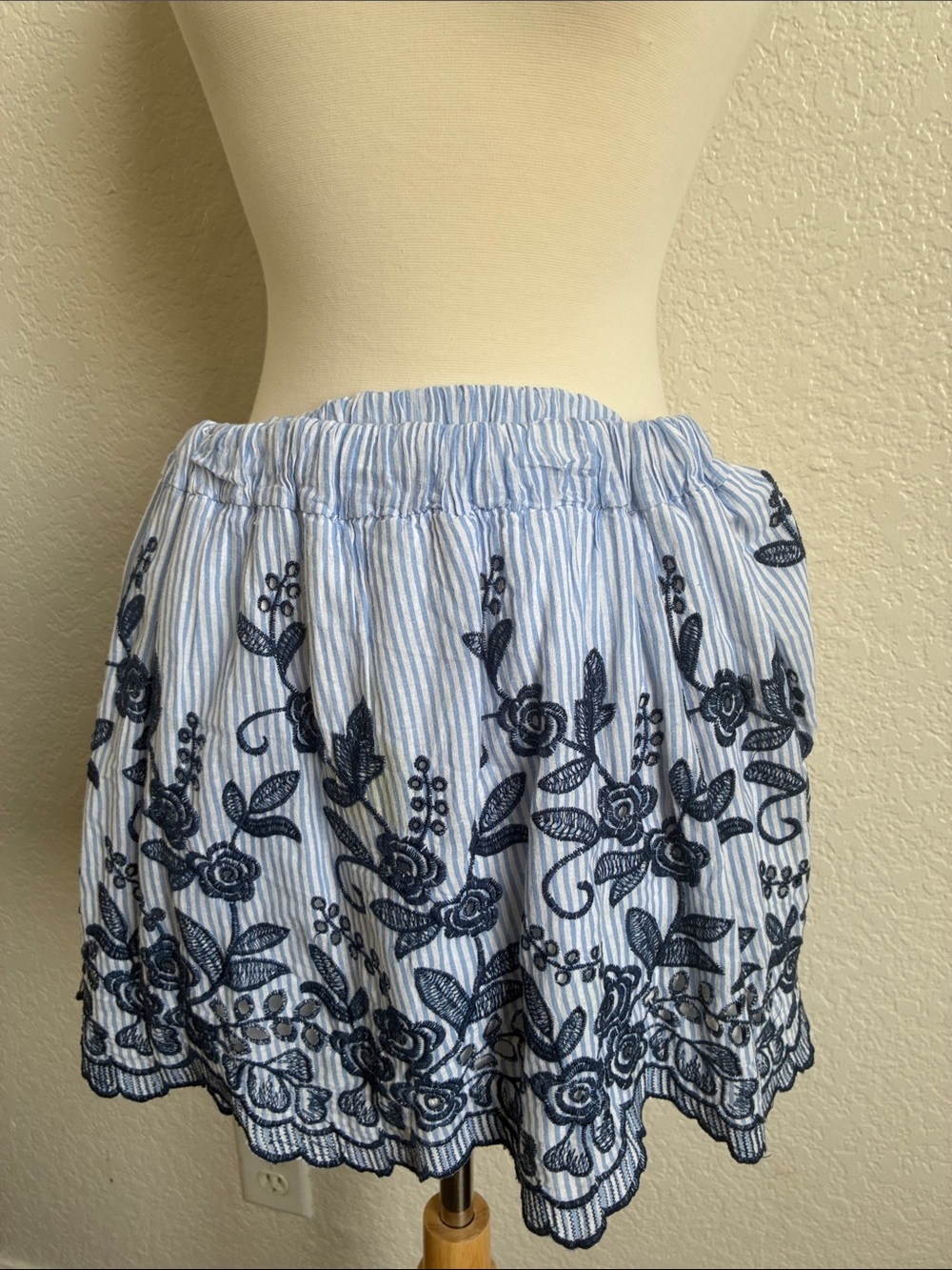 Striped Blue Floral Embroidered Girls' Skirt